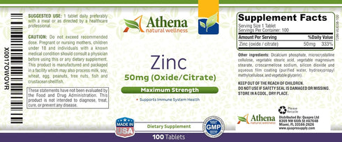 Athena - Zinc Supplement Tablets 50mg - Oxide/Citrate - 100 Coated Tablets...