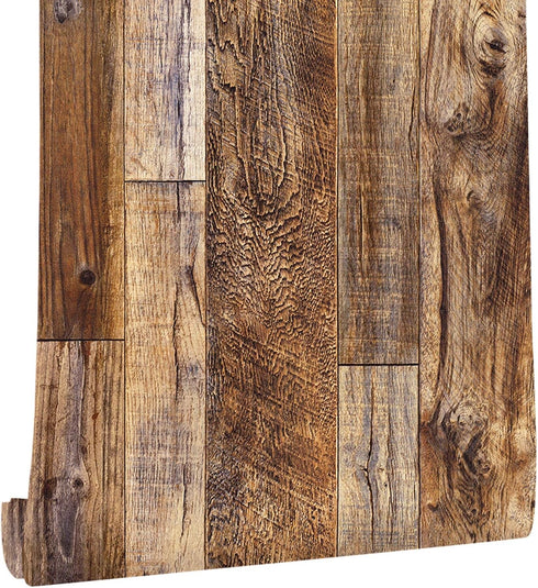 Yun-aeon Brown Wood Peel and Stick Wallpaper 17.3" X 120"Coffee Brown PVC Self Adhesive Wood Wall Peel and Stick Paper for Wall Covering Furniture...