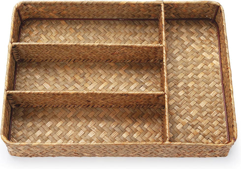 Seagrass Storage Basket with Compartments Utensil Tray for Organization Silverware Flatware Rectangular Shelf Baskets with 4 Sections Natural...