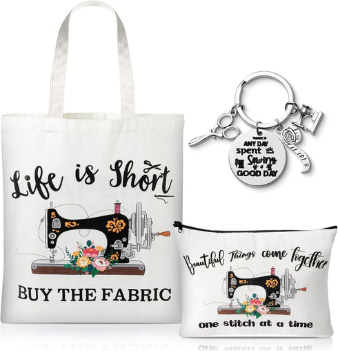 3Pcs Sewing Tote Bag Canvas Bag with Keychain, Funny Quilting Sewing Gifts for Seamstress Women Sewing Lovers Mom, Sewing Cosmetic Bag Organizer M...