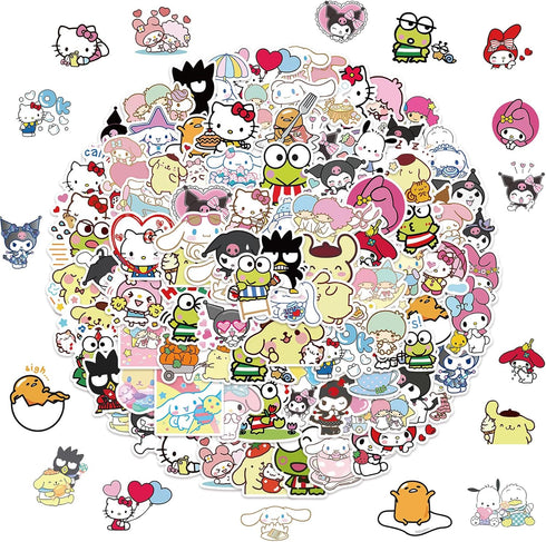 100pcs Sanrio Cartoon Stickers for Kids, Kawaii Hello Kitty Melody Kuromi Gift for Teen Girl Laptop Travel Case Phone Bike Water Bottle Guitar Com...
