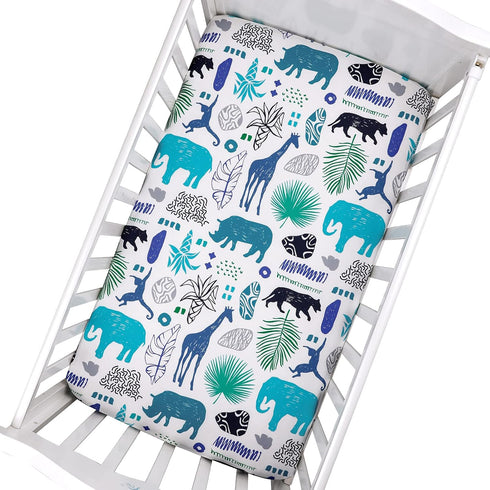 Brandream Baby Crib Seet Safari Animal Boys Fitted Sheet Cute Elephant Giraffe Monkey Newborn Toddler Crib Matterss Sheet, Blue White Black...