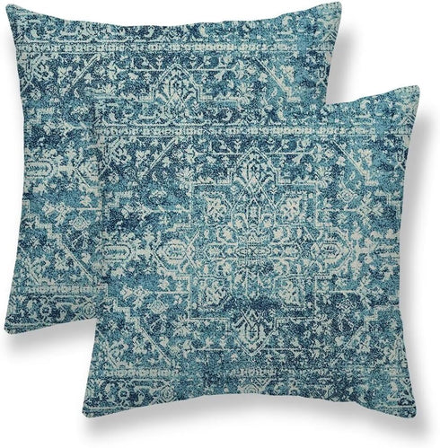 Teal Boho Pillow Covers 22x22 Set of 2, Bohemian Carpet Pattern Outdoor Decorative Throw Pillows Linen Ethnic Design Rustic Farmhouse Cushion Case...