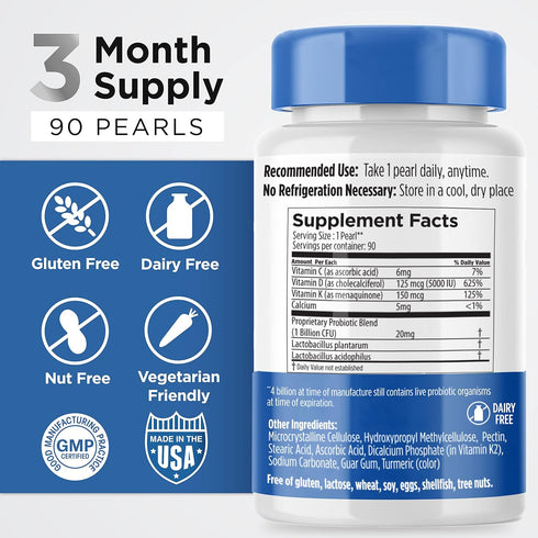 Earth's Pearl Vitamin D3 K2 5000 IU - 3-in-1 Vitamin K2 D3 Probiotics for Women and Men - 90 Day Supply K2 D3 Vitamin Supplement 5000 IU - Gut Hea...