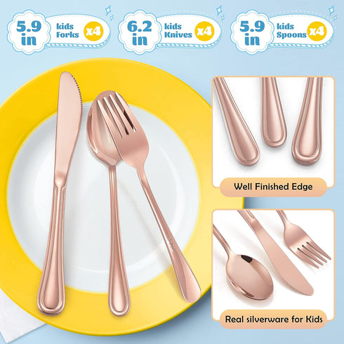 12-Piece Copper Kids Silverware, E-far Stainless Steel Toddler Kids Utensils Safe for Preschooler/Children, Includes 4 Forks 4 Spoons 4 Knife, Sli...