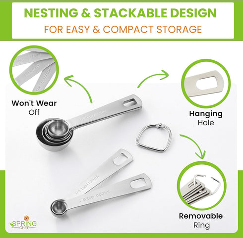 Spring Chef Stainless Steel Measuring Spoons Set of 8 with Leveler, Round Metal Teaspoon & Tablespoon Measuring Spoons - Nesting Kitchen Gadgets F...