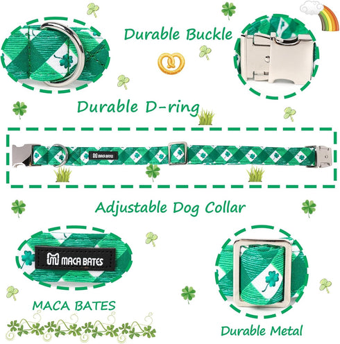 Maca Bates Clover Dog Collar Comfortable Soft St.Patrick's Day Dog Collar with Metal Buckle Adjustable for Small Medium Large Dog Lucky Clover Pet...
