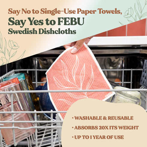 FEBU Swedish Dishcloths for Kitchen | 5 Pack Faded Summer Dish Towels | Reusable Paper Towels Washable | Non-Scratch Cellulose Sponge Cloths | No ...