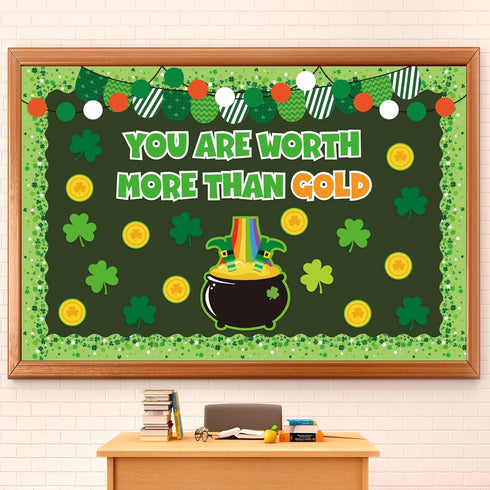 72Pcs St. Patrick's Day Bulletin Board Decor Set Shamrock Clover Gold Coin Cut-Outs with Glue Points Bulletin Board Stickers for Irish Holiday Sch...
