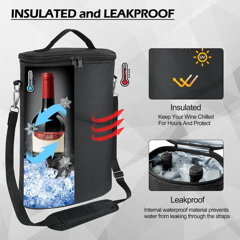 2 Bottle Wine Cooler Bag, Leakproof Insulated Padded Wine Gift Tote Carrier with Handle and Adjustable Shoulder Strap, for Travel, Wine Tasting, P...