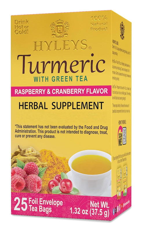 Hyleys Turmeric Tea - Raspberry & Cranberry Flavors - 25 Tea Bags - Wellness Herbal Supplement Green Tea...
