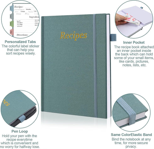 PECULA Recipe Book, 5.5 x 8.4in Recipe Book to Write in Your Own Recipes, Blank Recipe Book with Waterproof Cover Book, Recipe Notebook Green...