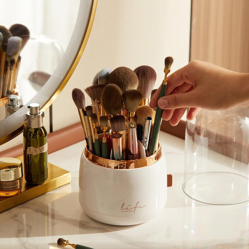 Black Makeup Brush Holder Organizer with Lid,360 Spinning Easily Dustproof Shiny Makeup Brush Holder for Vanity, 7 Compartments (Black)...