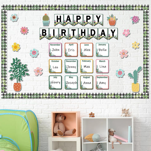 61PCS Happy Birthday Bulletin Board Decorations Floral Birthday Charts Flower Theme Bulletin Board Set Birthday Calendar Flower Greenery Paper Cut...
