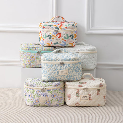 Large Travel Quilted Makeup Bag for Women, Floral Cotton Cosmetic Bag, Coquette Aesthetic Floral Toiletry Organizer Bag...