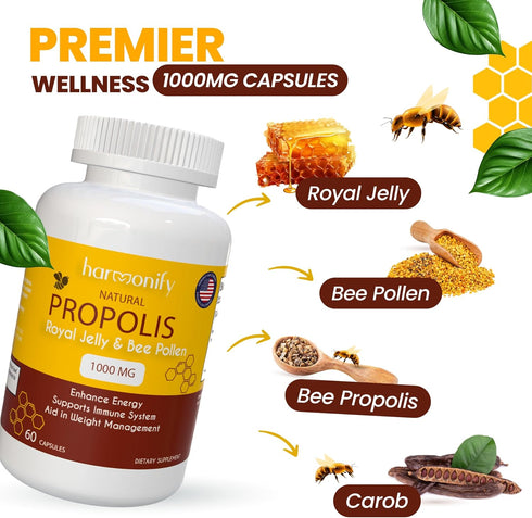 Bee Pollen Propolis Royal Jelly Extract with Carob, Pure Immune Support Supplement, Gluten-Free, Vegetarian Capsules, 1000 mg...