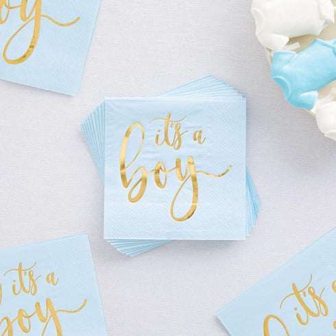 Sparkle and Bash 50 Pack It's a Boy Baby Shower Napkins - 5 x 5 in Blue & Gold Foil - 3-Ply Cocktail Table Napkins for Baby Boy Shower Decorations...
