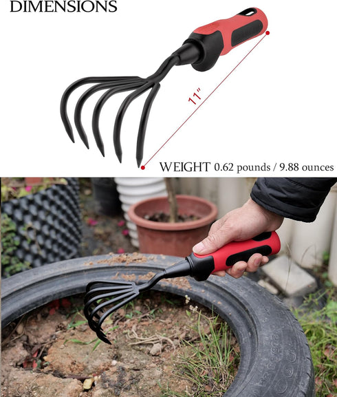 Stainless Steel Garden Rake and Hand Cultivator for Heavy-Duty Soil Loosening, Planting, and Weed Removal - Ideal for Men and Women - Red Handle...