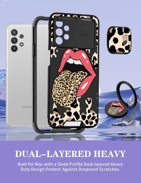 Goocrux (2in1 for Samsung Galaxy A32 5G Case Leopard Print Women Girls Phone Cover Cute Cheetah Print Animal Design with Slide Camera Cover+Ring H...