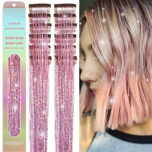 12Pcs Hair Tinsel Clip in 23.6Inch Clip in Hair Tinsel Pink Glitter Tinsel Hair Extensions Heat Resistant Tinsel Hair Kit Clip in Sparkling Fairy ...