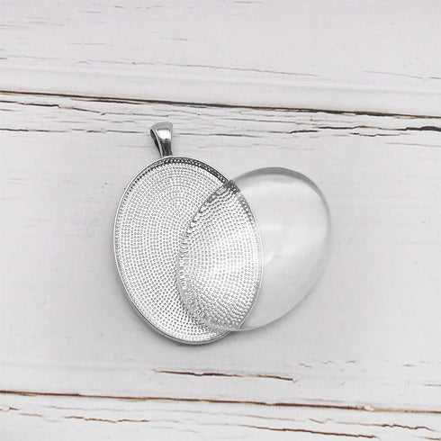 Julie Wang 10 Sets Silver Assorted Oval Setting Bezel Tray Pendant Blanks With Glass Cabochon 40x30mm...