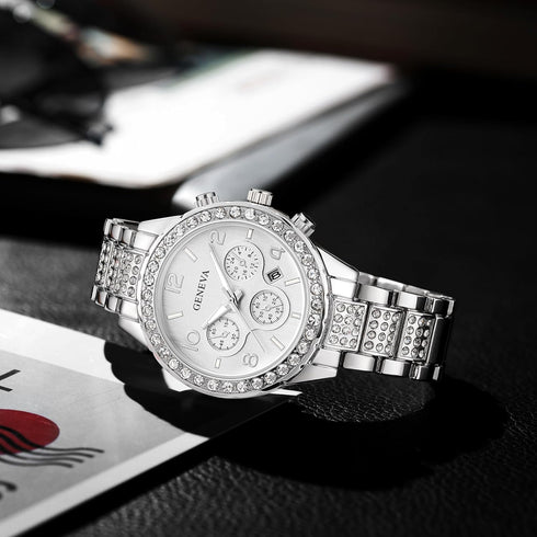 FANMIS Luxury Unisex Pave Floating Crystal Diamonds Calendar Digital Quartz Watch Business Dress Watch Luminous Pointer with Stainless Steel Link ...