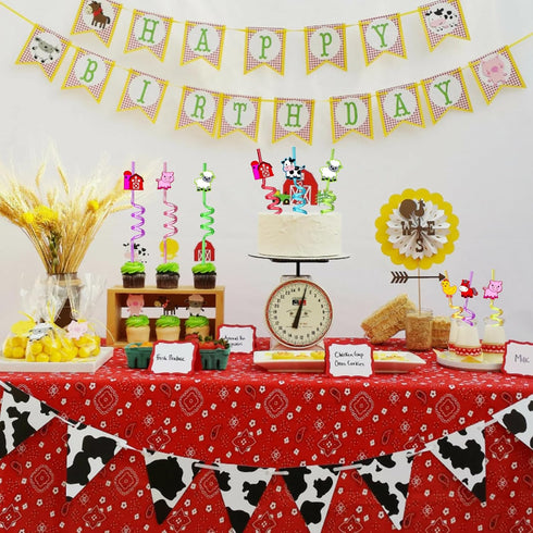 24pcs Farm Animals Party Favor Straws,Reusable Drink Birthday Party Straws,Chicken Sheep Horse Cow Pig Farm Party Supplies With 2 Cleaning Brushes...