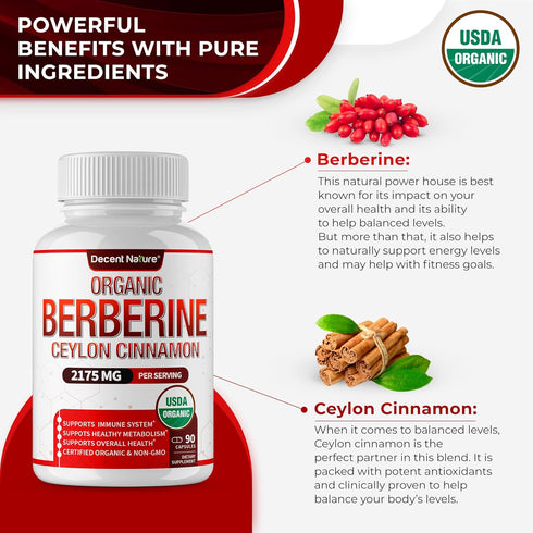 Organic Berberine with Ceylon Cinnamon 2175mg - Premium berberine supplement high purity extract USDA Organic, support immune system, Berberine Pl...