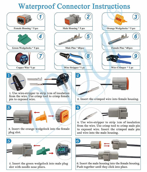 MUYI 5 Kit 8 Pin Way DT Series Connector Gray Receptacle IP67 Waterproof Heavy Duty 14-18 AWG 13 Amps Continuous DT04-8P DT06-8S w/Wedge Lock W8P ...