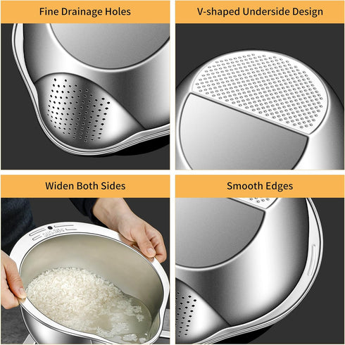 Rice Strainer and Colander Bowl With Side Drainer,Metal Rice Washer 18/8 Stainless Steel Rinser Washing Bowl For Quinoa, Fruits,Vegetables, lentil...