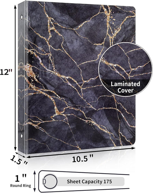 3 Ring Binder 1 Inch, SUNEE Cute Binder with 2 Pockets, Decorative Black Marble Three Ring Binder Heavy Duty (Fit 8.5x11 Inches) for School Suppli...