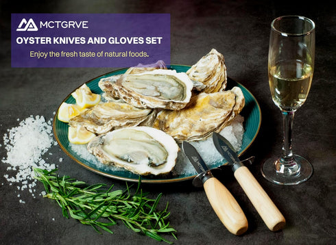 Oyster Shucking Knife and Glove Set -Oyster Shucker Kit with 2pcs Oyster Knife 1pair of Level5 Protection Gloves 1pc Kitchen Cloth-Seafood Opener ...