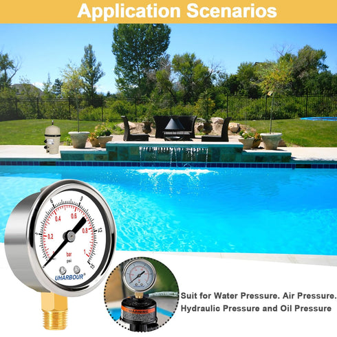 Lead-Free Water Pressure Gauge Liquid Filled 0-15Psi 2" Dial, Stainless Steel Case, 1/4" NPT Lower Mount, Water Pressure Gauge for Home...