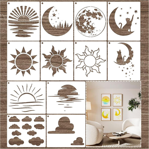 Sun Moon Stencils for Painting on Wood Wall Crafts Reusable Clound Moon Sunrise Cat Stencil Art Paint on Wall Canvas Pattern Paint Stencils for Ca...