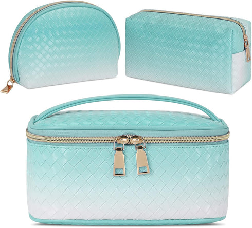 KTMOUW Makeup Bag 3 Pcs Waterproof Cosmetic Bag Set Portable Travel Cosmetic Bag Multifunction Organizer Storage Bag Weave Toiletry Bag for Women,...