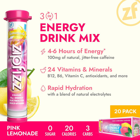 Zipfizz Daily Energy Drink Powder, Pink Lemonade, 12 Pack | 3-in-1 Sustained Energy, Rapid Hydration, and Essential Vitamins | Sugar-Free | Electr...