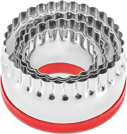 4-Pieces Fluted Round Cookie Cutters, Metal Circle Biscuit Cutters Set, Wave Cookies Cutter with Fluted Edge, Unique Design with Protective Red To...
