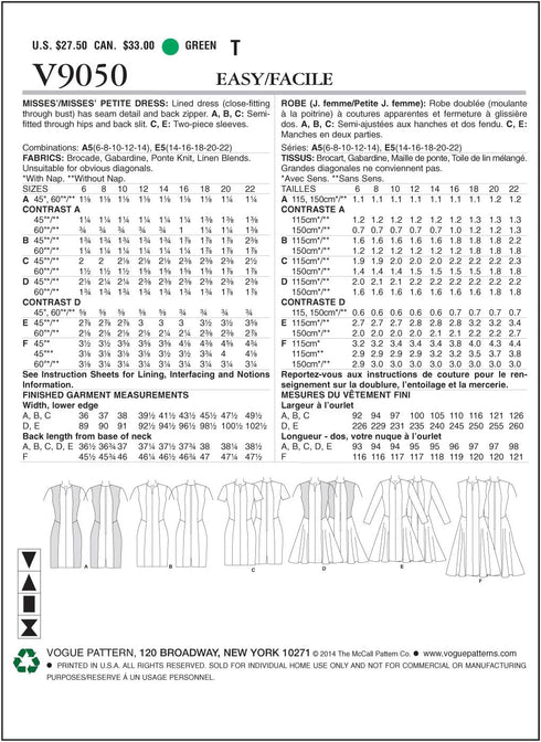 Vogue Patterns V9050 Misses'/Misses' Petite Dress Sewing Template, E5 (14-16-18-20-22)...