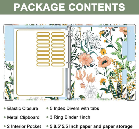 Mini 3 Ring Binder with clipboard, 1 inch Round Binder Organizer, 8.5" x 5.5" Cute Binders with 5 Dividers Tabs & Clear Sleeves, School Supplies, ...