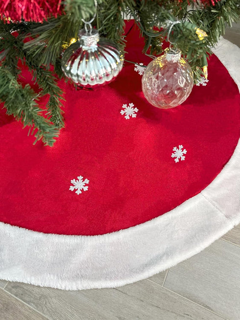 White Snowflakes Christmas Tree Skirt - Large 48" Diameter, Red Felt Center, White Faux Fur Trim, Presents, Gifts, Bright Red Christmas Decoration...