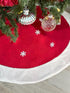 White Snowflakes Christmas Tree Skirt - Large 48" Diameter, Red Felt Center, White Faux Fur Trim, Presents, Gifts, Bright Red Christmas Decoration...