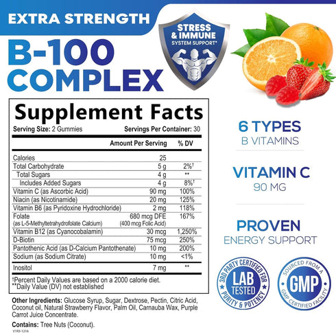 Super B Complex Gummies with Vitamin C & Folic Acid, Extra Strength Vitamin B Gummy Supplement with Niacin, B6, Folic Acid, B12, Biotin, Nature's ...