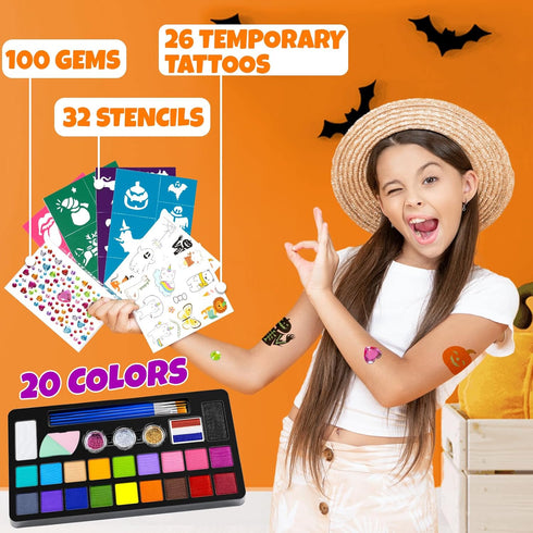 Face Painting Kit for Kids - 20 Colors Water Based Non Toxic Face Paint Kit, Professional Face Paint for Kids with Stencils & Brushes - Parties, B...