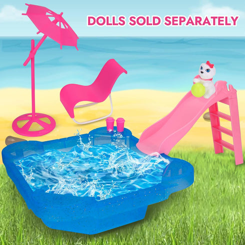 BETTINA Pool Playset - Glam Pool with Slide, Doll Pool Accessories includes Beach Chair, Beach Umbrella, Dog, Swimming Pool Set for 12 Inch Dolls,...