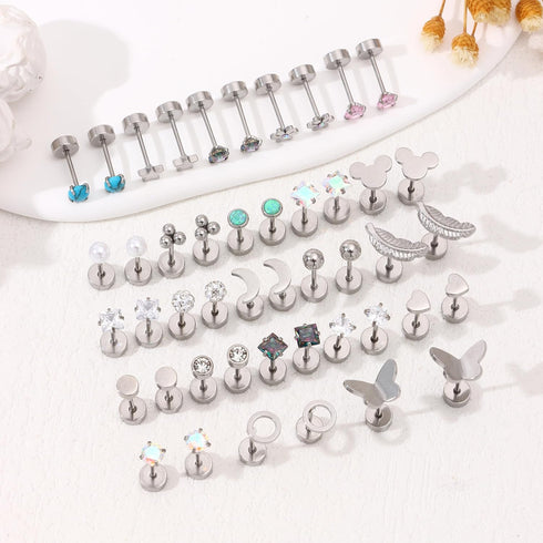 23 Pairs Hypoallergenic Titanium Earrings for Women Cute Heart CZ Flower Pearl Ball Tiny Flat Back Earrings G23 Titanium Earrings for Sensitive Ea...
