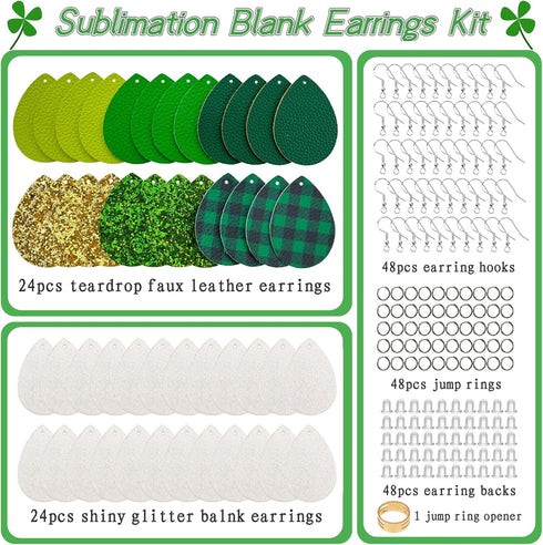 SHUANGART 194 Pcs St. Patrick's Day Sublimation Blank Superfine Glitter Earrings Kit, Green Shamrock Printed Chunky Glitter Faux Leather Earrings ...