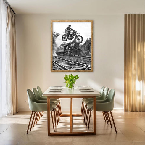 Posterizer 1 pcs-black and white photo-motorcycle on train track 3-Photography Art-Retro Art-Decor for Home & Office- unframed wall art...