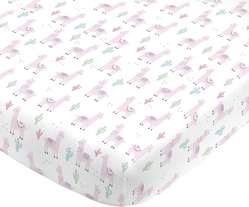 NoJo Super Soft Pink Llama Nursery Mini Crib Fitted Sheet, Pink, White, Green...
