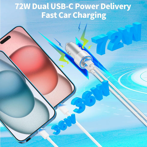 ?MFi Certified?iPhone 15 Fast Car Charger, Linocell 72W Dual PD Car Power Cigarette Lighter USB-C Fast Car Charge Adapter+2Pack Type-C Cable for i...