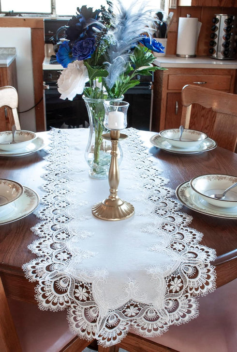 White Jacquard Peacock Tail European Lace Table Runner, Dresser Scarf, Wedding Décor (16Wx44L)...
